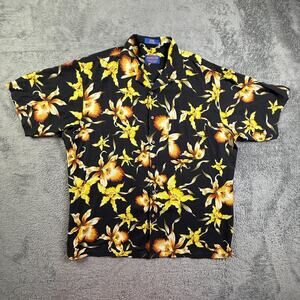 Pendleton Mens L Hawaiian Shirt 100% Silk Floral Black Yellow Relaxed Fit 90s